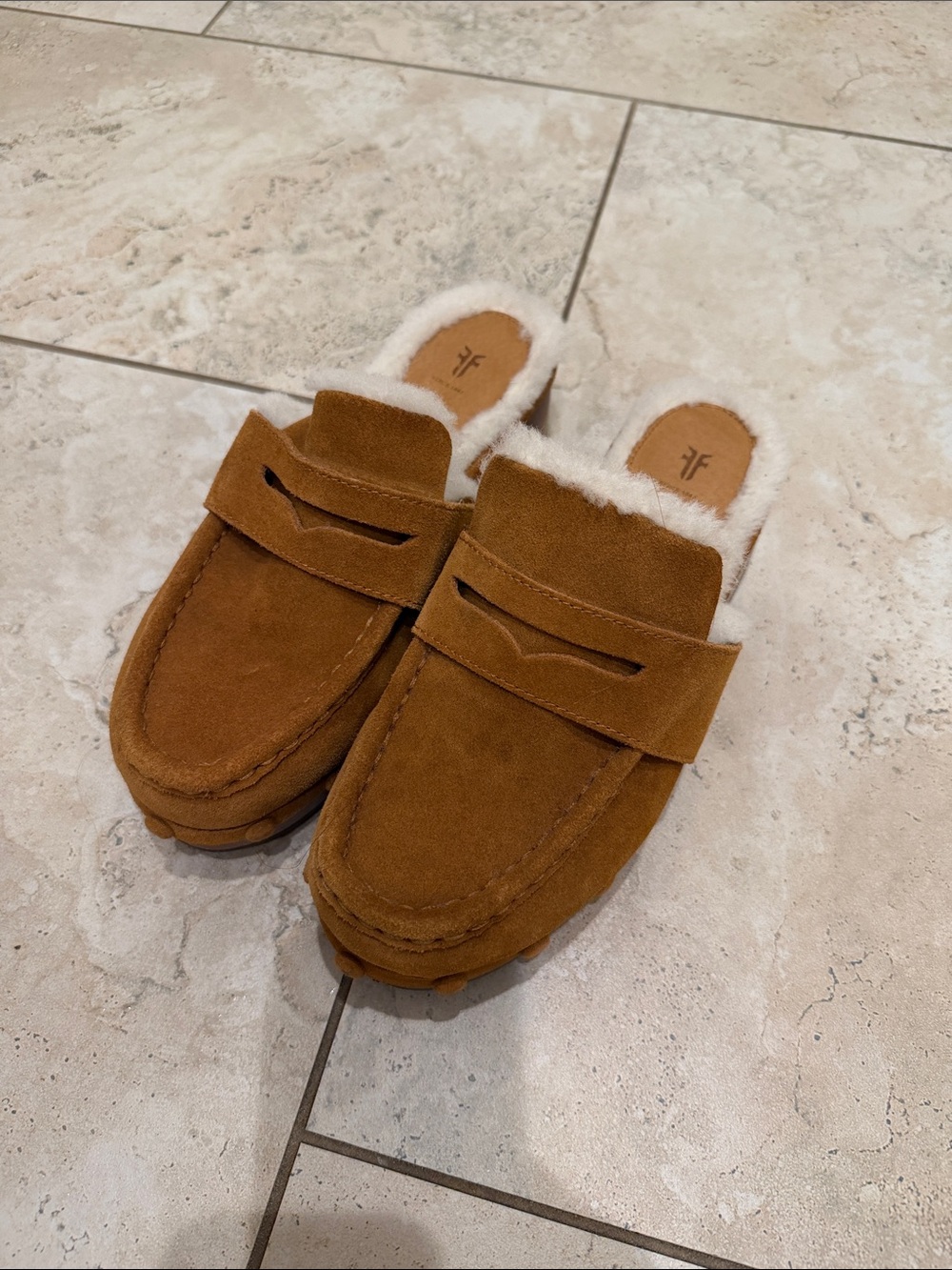 Frye Faux-Shearling Lined Suede Mule Loafers - Chestnut